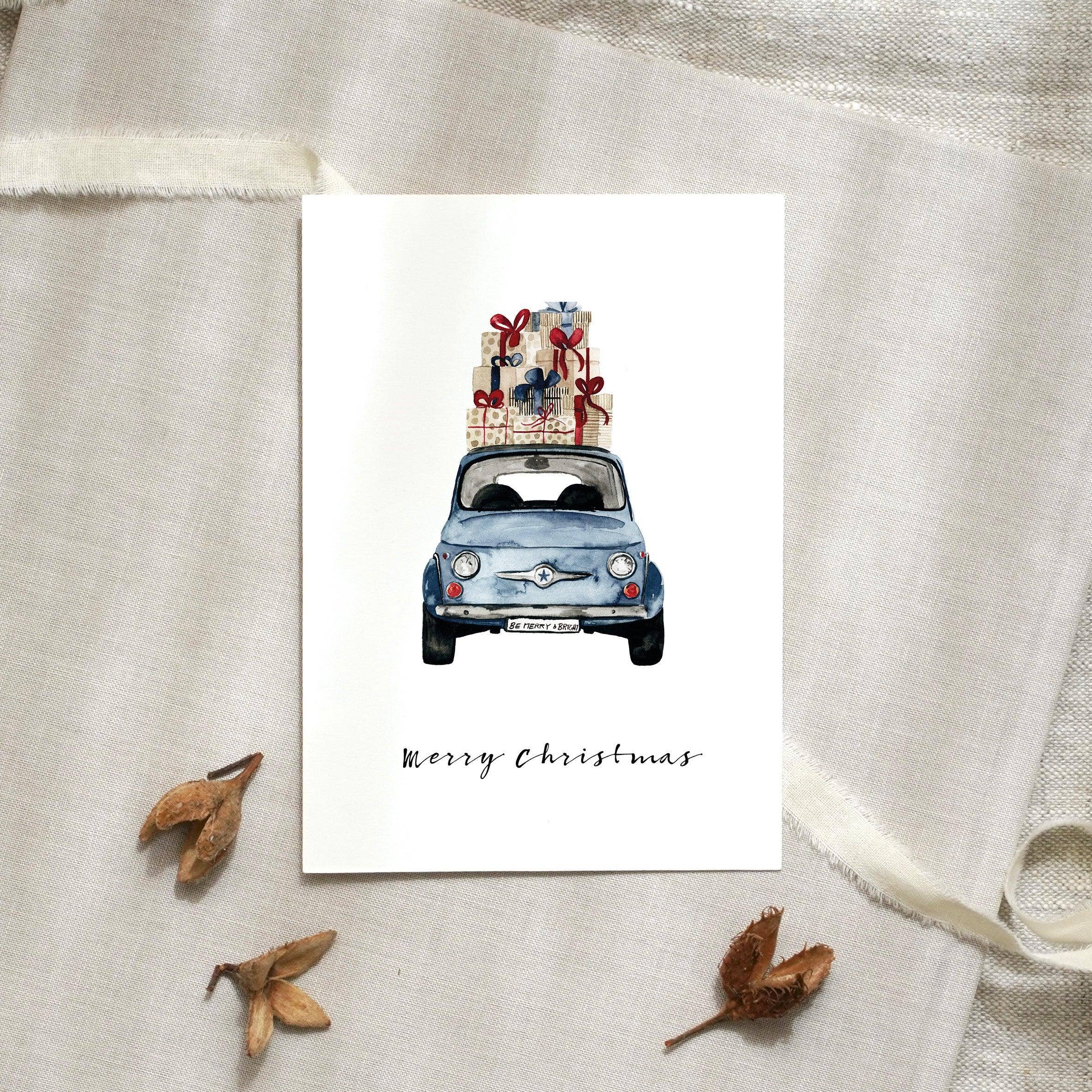 Postkarte - Blue Christmas Car